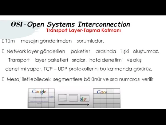 Transport Layer-Taşıma Katmanı Tüm mesajın gönderimden sorumludur. Network layer gönderilen paketler