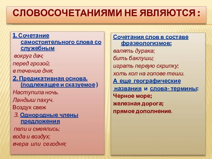 СЛОВОСОЧЕТАНИЯМИ НЕ ЯВЛЯЮТСЯ : 1. Сочетание самостоятельного слова со служебным вокруг