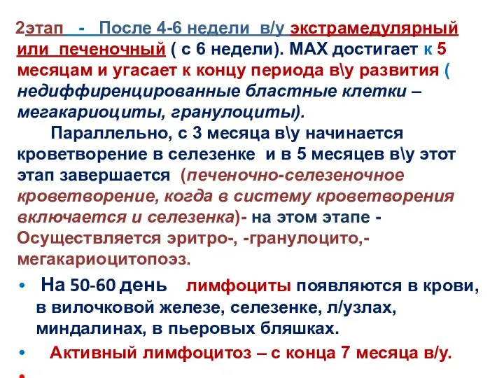 этап - После 4-6 недели в/у экстрамедулярный или печеночный ( с