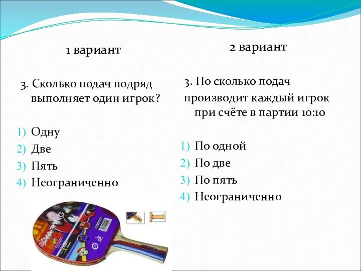 1 вариант 3. Сколько подач подряд выполняет один игрок? Одну Две