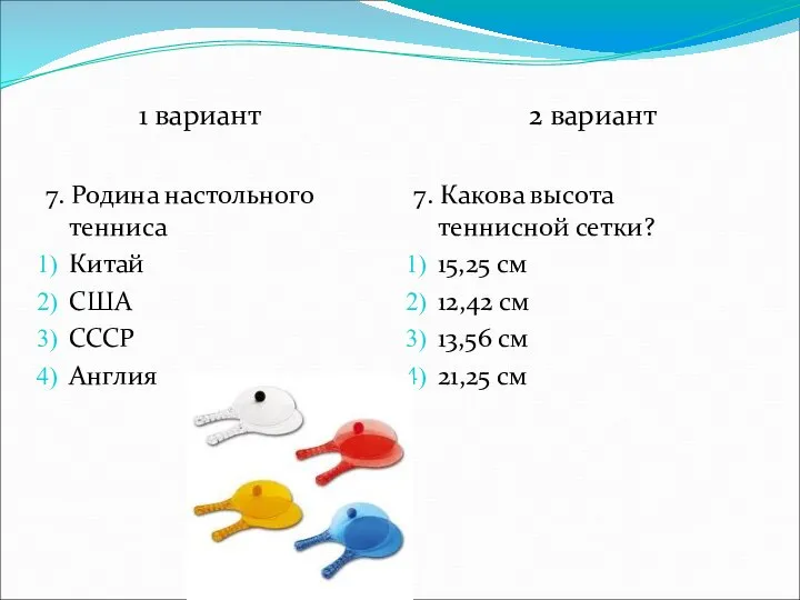 1 вариант 7. Родина настольного тенниса Китай США СССР Англия 2