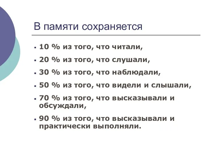 В памяти сохраняется 10 % из того, что читали, 20 %