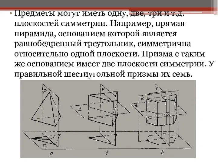 Предметы могут иметь одну, две, три и т.д. плоскостей симметрии. Например,