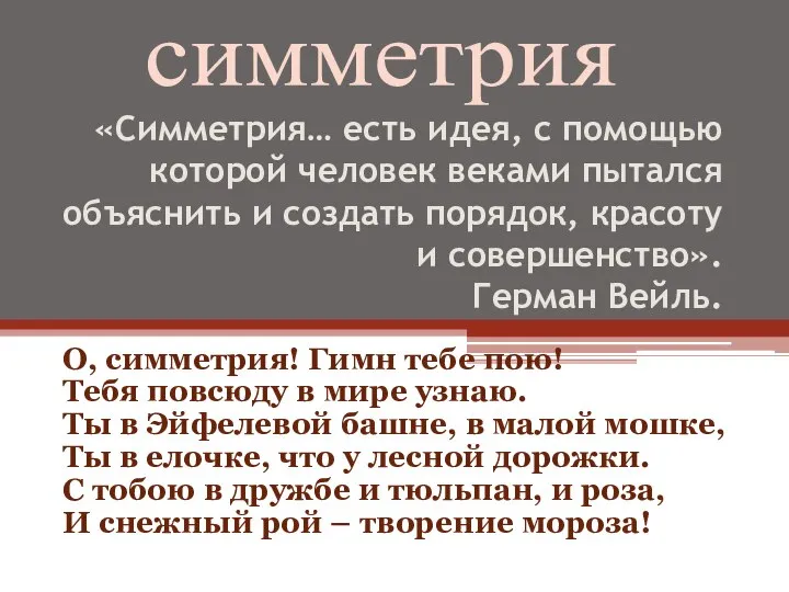 «Симметрия… есть идея, с помощью которой человек веками пытался объяснить и