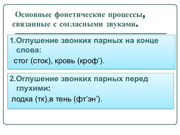 Основные фонетические процессы, связанные с согласными звуками. 1.Оглушение звонких парных на