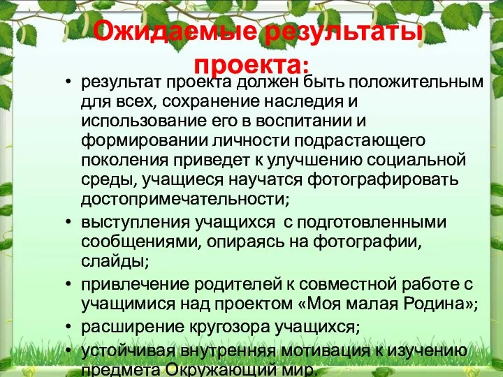 Ожидаемые результаты проекта: результат проекта должен быть положительным для всех, сохранение