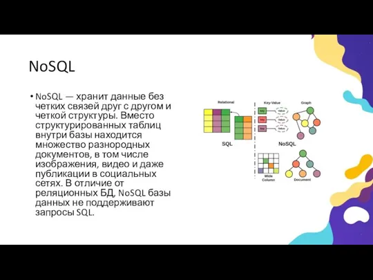 NoSQL NoSQL — хранит данные без четких связей друг с другом
