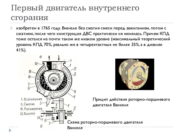 Первый двигатель внутреннего сгорания изобретен в 1765 году. Вначале без сжатия