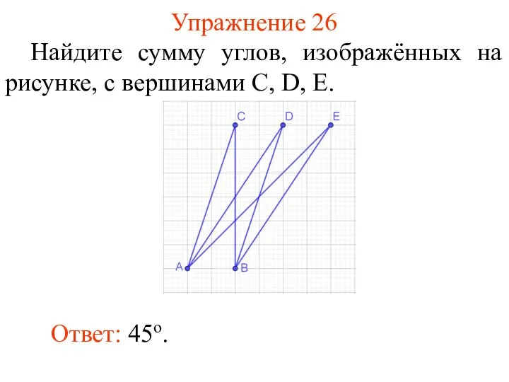 Упражнение 26 Найдите сумму углов, изображённых на рисунке, с вершинами C, D, E. Ответ: 45о.