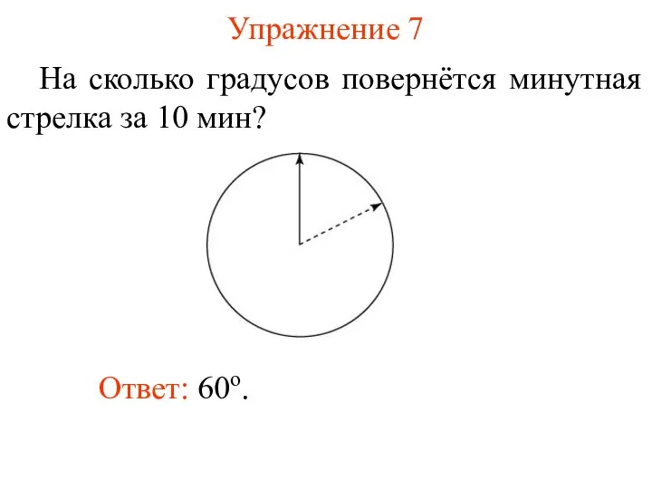 Упражнение 7 На сколько градусов повернётся минутная стрелка за 10 мин? Ответ: 60о.