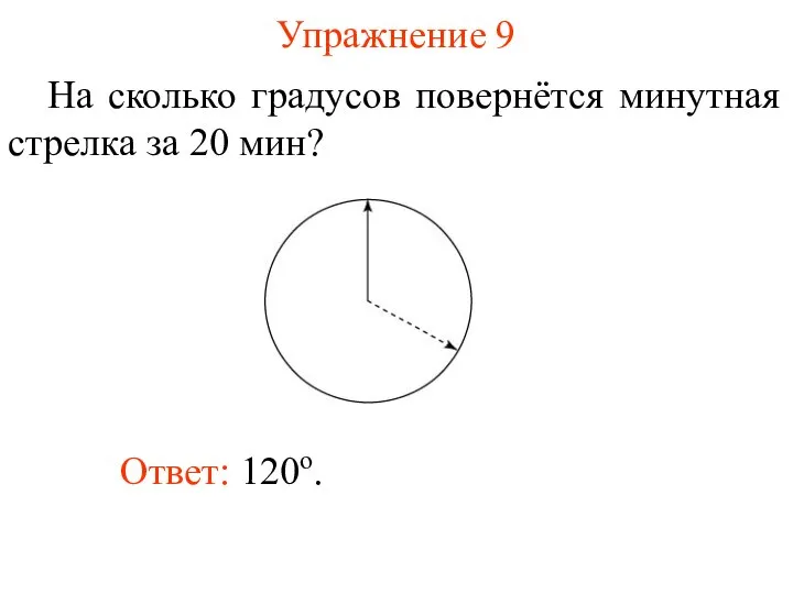 Упражнение 9 На сколько градусов повернётся минутная стрелка за 20 мин? Ответ: 120о.