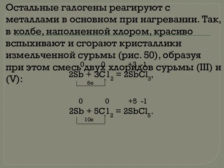 Остальные галогены реаги­руют с металлами в основном при нагревании. Так, в