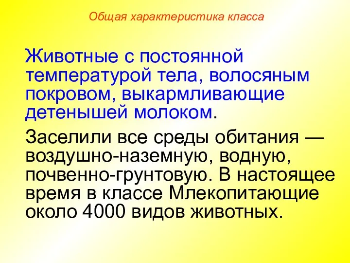 Общая характеристика класса Животные с постоянной температурой тела, волосяным покровом, выкармливающие