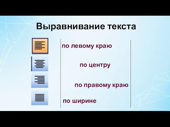 Выравнивание текста по центру по левому краю по правому краю по ширине