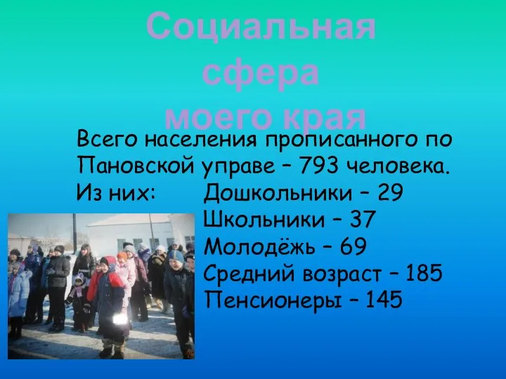 Социальная сфера моего края Всего населения прописанного по Пановской управе –