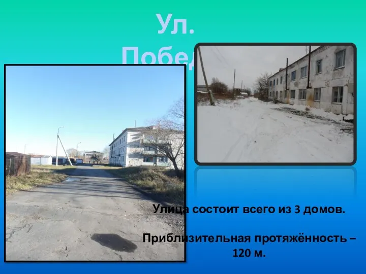 Ул. Победы Улица состоит всего из 3 домов. Приблизительная протяжённость – 120 м.