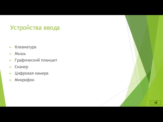 Устройства ввода Клавиатура Мышь Графический планшет Сканер Цифровая камера Микрофон