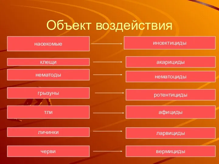 Объект воздействия насекомые нематоды грызуны тли личинки черви клещи инсектициды акарициды нематоциды ротентициды афициды ларвициды вермициды