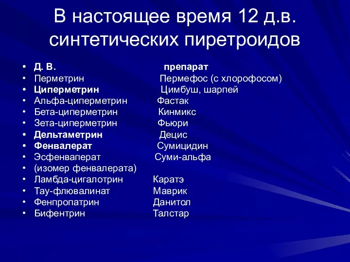 В настоящее время 12 д.в. синтетических пиретроидов Д. В. препарат Перметрин