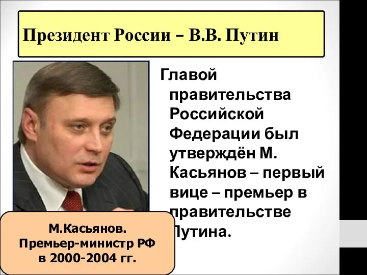 Президент России – В.В. Путин Главой правительства Российской Федерации был утверждён