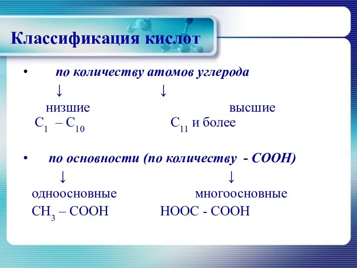 Классификация кислот по количеству атомов углерода ↓ ↓ низшие высшие C1