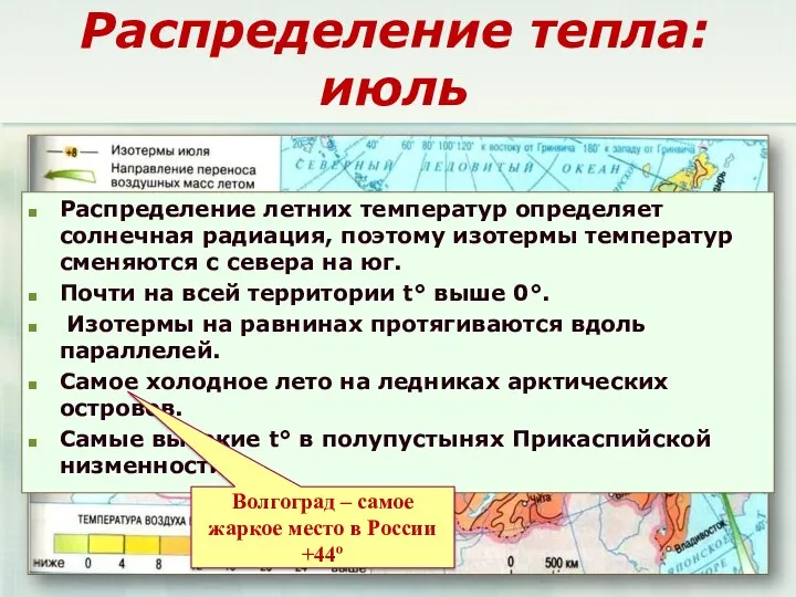 Распределение тепла: июль Распределение летних температур определяет солнечная радиация, поэтому изотермы