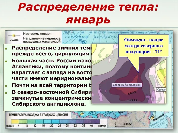 Распределение тепла: январь Распределение зимних температур определяет, прежде всего, циркуляция воздушных