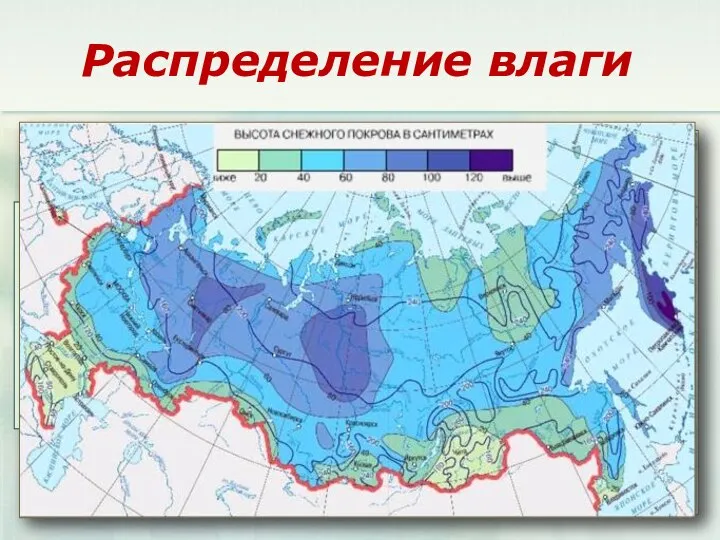 Распределение влаги Атмосферные осадки по территории России распределяются неравномерно: с запада