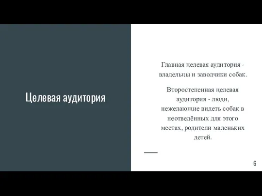 Целевая аудитория Главная целевая аудитория - владельцы и заводчики собак. Второстепенная