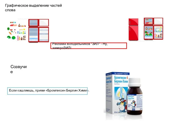 Графическое выделение частей слова Реклама холодильников "ЗИЛ" - Ну, замороЗИЛ! Созвучие