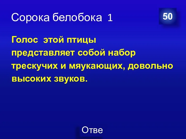 Сорока белобока 1 Голос этой птицы представляет собой набор трескучих и мяукающих, довольно высоких звуков. 50