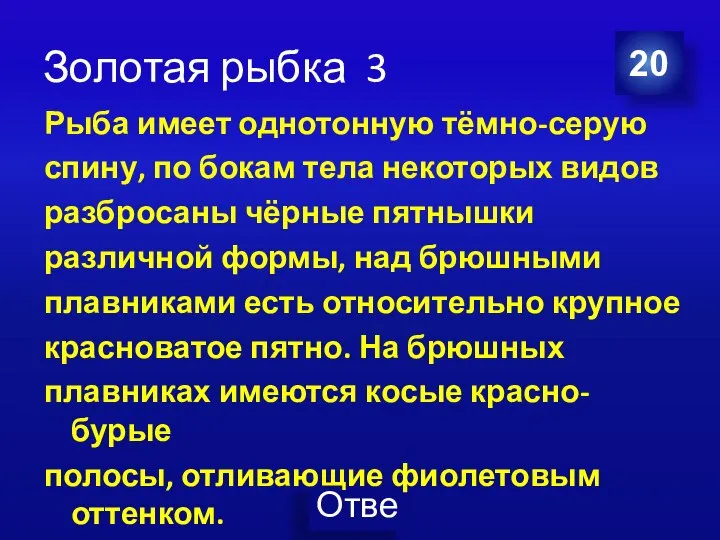 Золотая рыбка 3 Рыба имеет однотонную тёмно-серую спину, по бокам тела