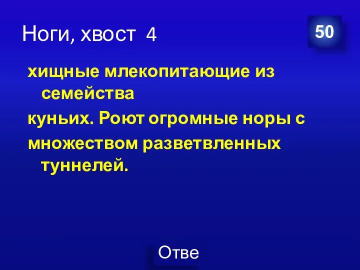 Ноги, хвост 4 хищные млекопитающие из семейства куньих. Роют огромные норы с множеством разветвленных туннелей. 50