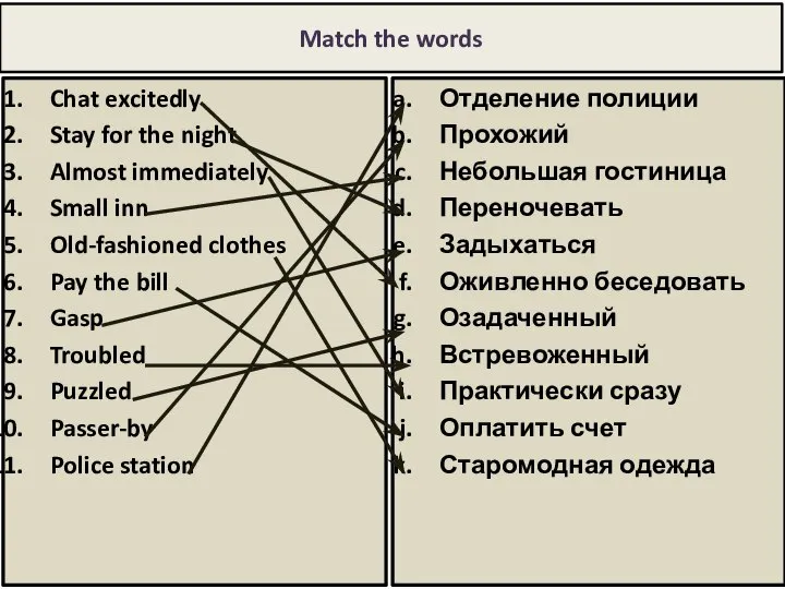 Match the words Chat excitedly Stay for the night Almost immediately