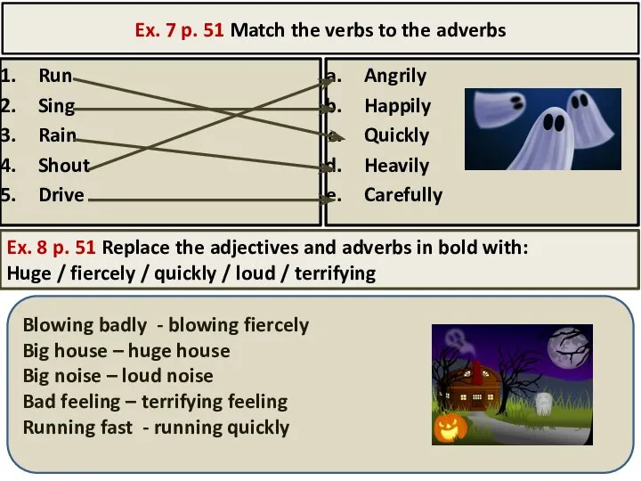 Ex. 7 p. 51 Match the verbs to the adverbs Run