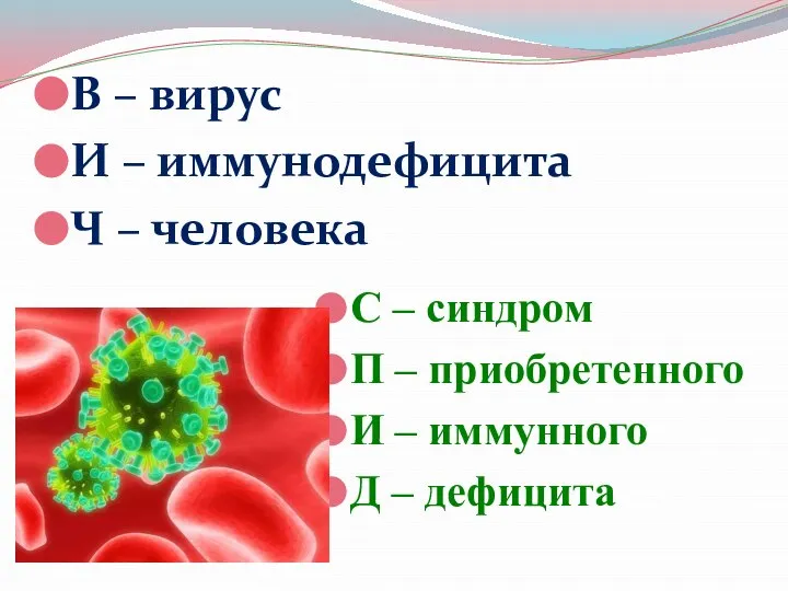 В – вирус И – иммунодефицита Ч – человека С –