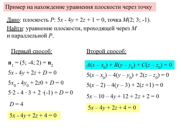 Пример на нахождение уравнения плоскости через точку Дано: плоскость P: 5x