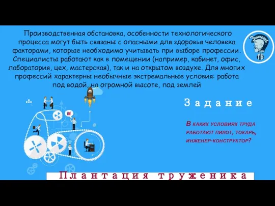 Задание В каких условиях труда работают пилот, токарь, инженер-конструктор? Производственная обстановка,