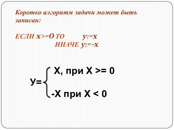 Коротко алгоритм задачи может быть записан: ЕСЛИ x>=0 ТО y:=x ИНАЧЕ