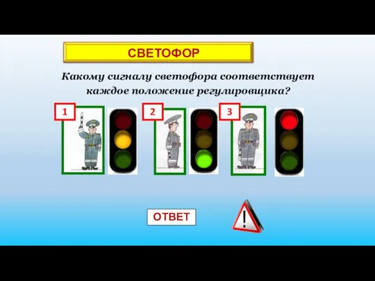 Какому сигналу светофора соответствует каждое положение регулировщика? СВЕТОФОР 1 2 3 ОТВЕТ