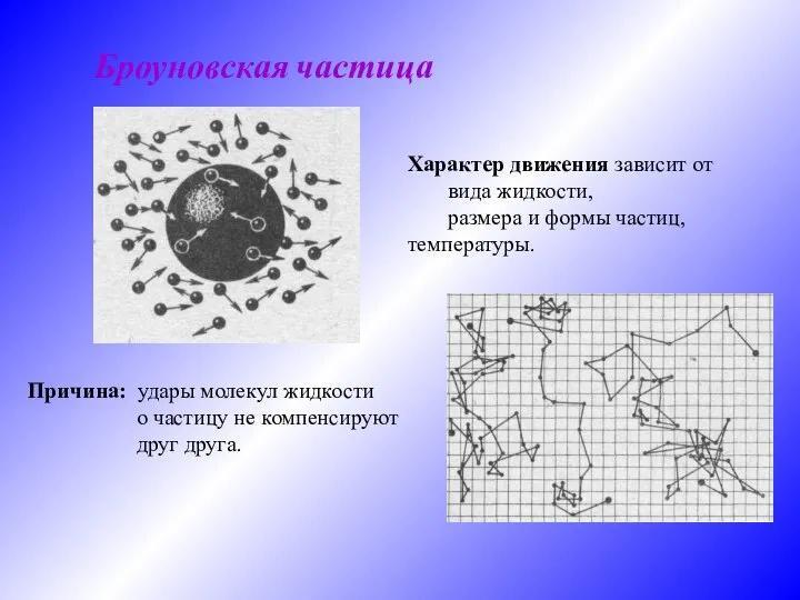 Причина: удары молекул жидкости о частицу не компенсируют друг друга. Характер