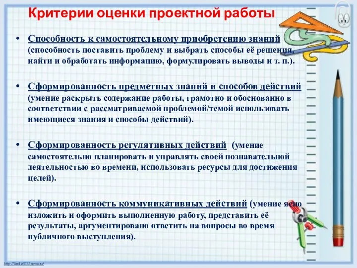 Критерии оценки проектной работы Способность к самостоятельному приобретению знаний (способность поставить