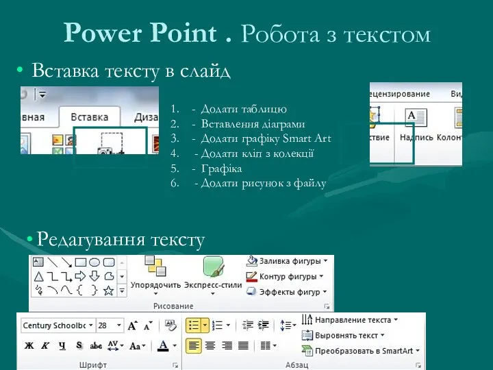 Power Point . Робота з текстом Вставка тексту в слайд Редагування