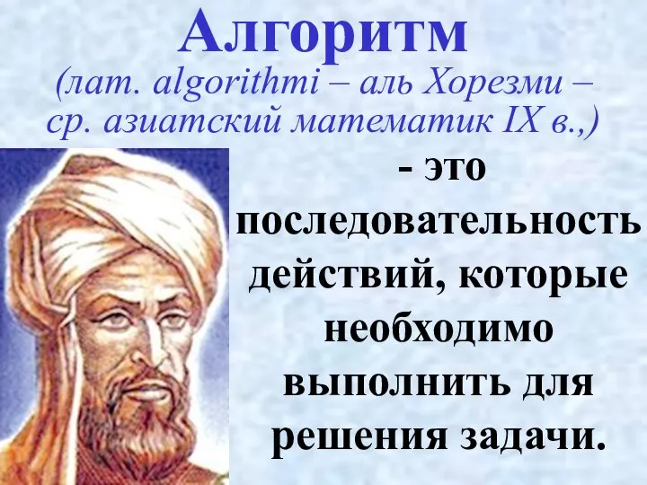 - это последовательность действий, которые необходимо выполнить для решения задачи. Алгоритм