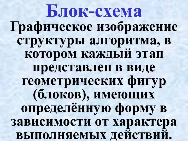 Блок-схема Графическое изображение структуры алгоритма, в котором каждый этап представлен в