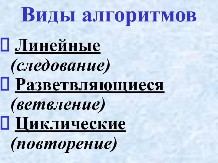 Виды алгоритмов Линейные (следование) Разветвляющиеся (ветвление) Циклические (повторение)