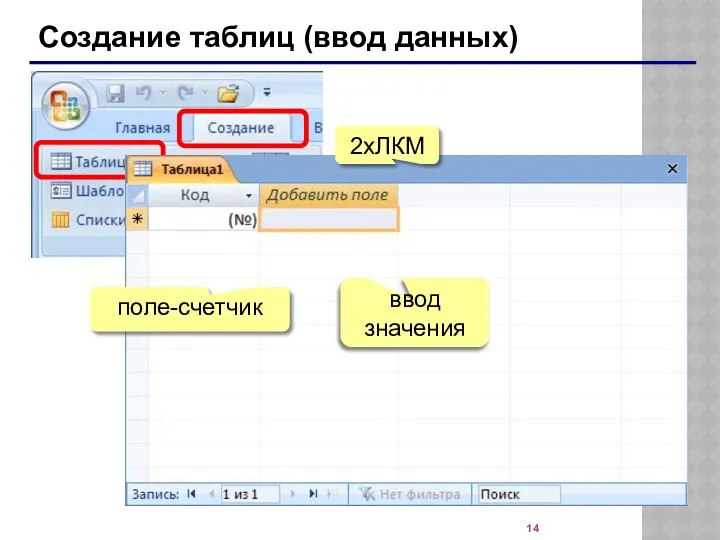 Создание таблиц (ввод данных) 2xЛКМ поле-счетчик ввод значения