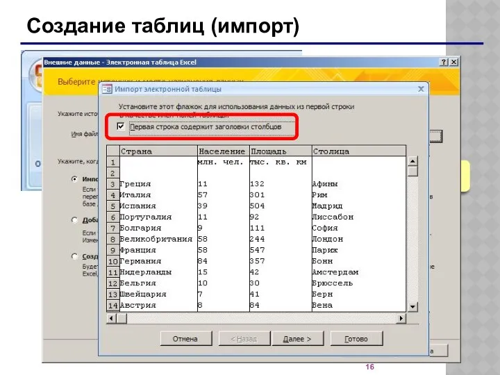 Создание таблиц (импорт) TXT-файлы XML-файлы другие форматы