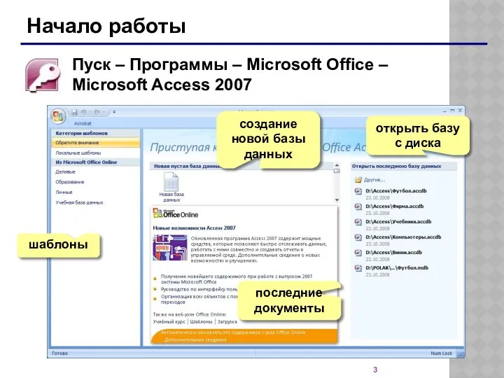 Начало работы Пуск – Программы – Microsoft Office – Microsoft Access
