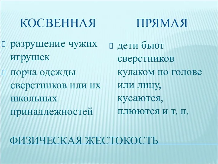 ФИЗИЧЕСКАЯ ЖЕСТОКОСТЬ КОСВЕННАЯ ПРЯМАЯ разрушение чужих игрушек порча одежды сверстников или